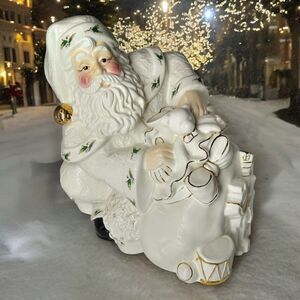 Holly Holiday Santa Claus Cookie Jar Large Ceramic Bag of Toys Holly Trim